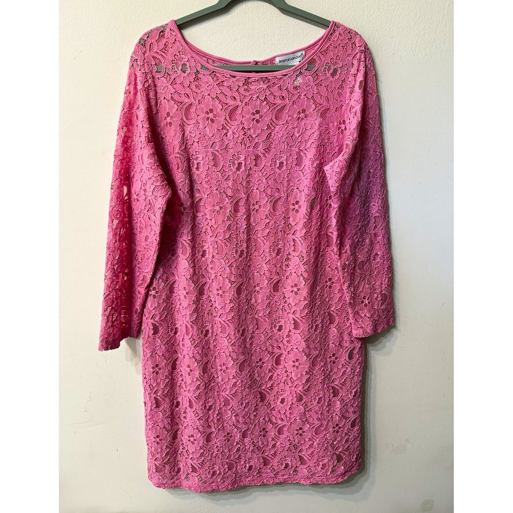 Jessica London Womens 16 Dress Pink Lace Shift Long Sleeve Keyhole Evening Party
